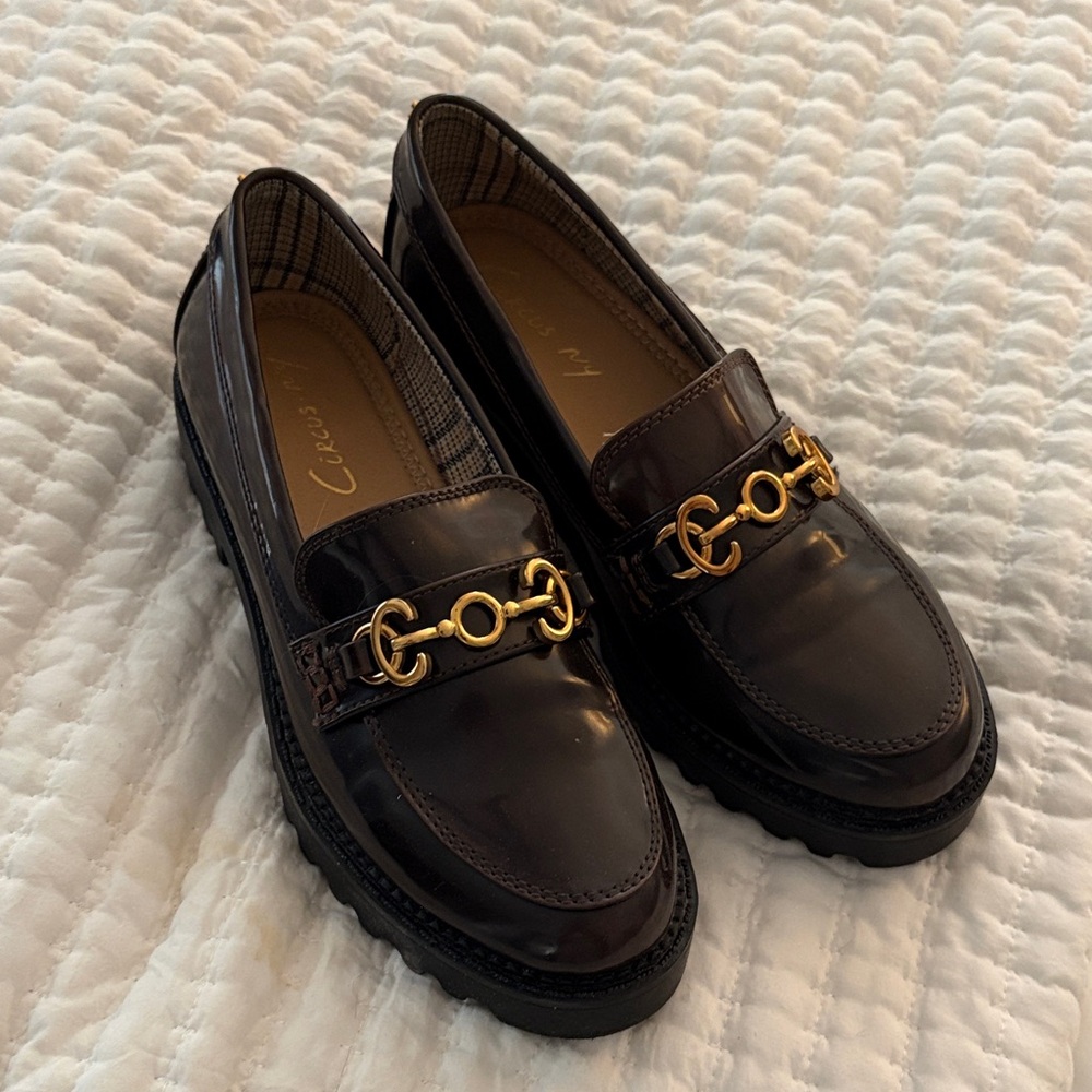Women’s Dark Brown Patent Loafers with Gold Bit Accent